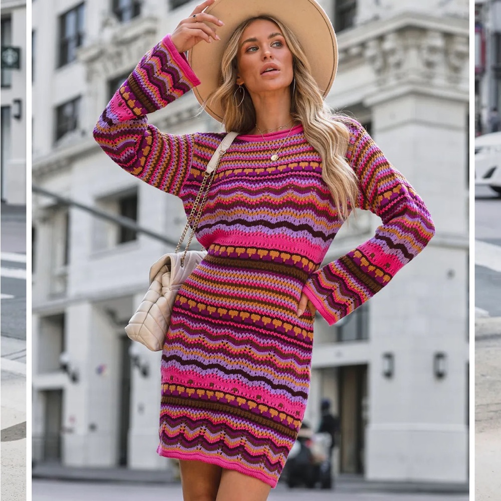 ✨ HP ✨ VICI PATRICIA MIXED CROCHET KNIT DRESS - FUCHSIA MULTI - COLOR